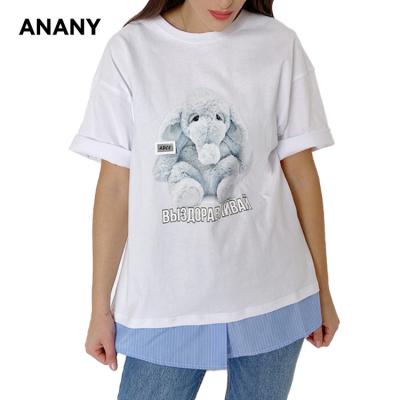 China ANANY Design Female Round Neck Cotton Elephant Print Pattern Breathable Latest Casual Plus Size T-shirt Blue Wavy Edge for sale