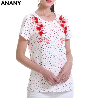 China Anany Anti-pilling Clothing Short Sleeve Polka Dots And 3D Flower Embroidery Female T-shirt New Fashion Design For Women for sale