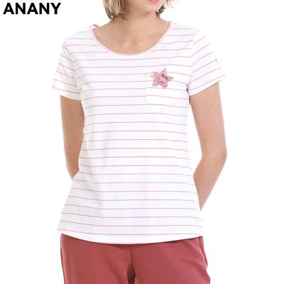 China Anti-wrinkle Anany Garment Makers Button Front Pocket Red Striped T-shirt Women's Short Sleeves for sale