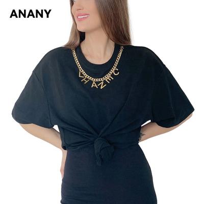 China ANANY New Anti-wrinkle Summer Daily Round Casual Neck Short Sleeve Oversized T-shirt With Letter Chain Decoration for sale