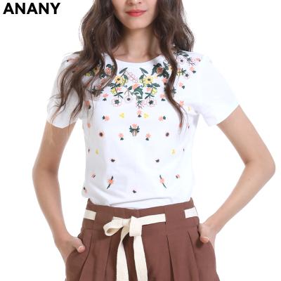 China Anti-pilling Anany 2020 New Shock Fashion Around Colorful Embroidery Cotton Short Neck Sleeve Flower Women Tops for sale