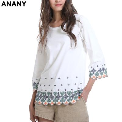 China ANANY Women's Elegant Casual Lady Loose Cotton T-shirt Shirts 2021 Round Neck Sleeve Embroidery Blouse Anti-Shrink Long Full for sale