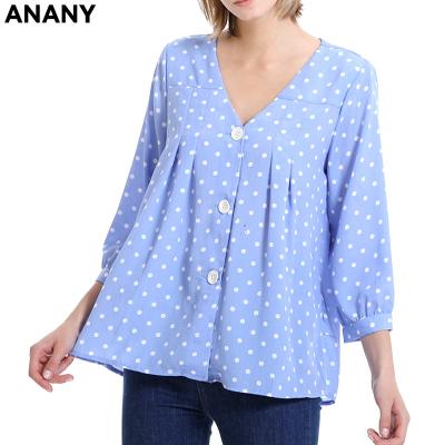 China ANANY Anti-Shrink Wholesale Anti-Shrink Autumn Winter Long Tops Casual Blue Dots Shirts Blouses Lady Button Up V-Neck Sleeve Polka Blouse for Women for sale