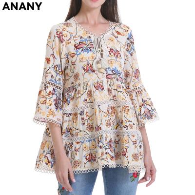 China ANANY latest fashion anti-shrink design round neck plus size casual blouse with printing flared sleeves fashionable ladies shirt with hollo for sale