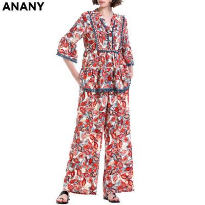 China Anany Sale Floral Print Anti-wrinkle Retro Style Butt Fashion Hot Elegant Loose Wide Legs Woman Casual Long Pants for sale