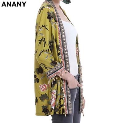 China Anti-pilling Anany Ready Made Fast Delivery Nine Quarter Sleeve Flowers Leaves Embroidery Printed Women's Cardigan For Ladies for sale