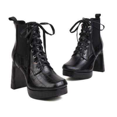 China Deodorization Fashion boots featured stone grain fashion lace-up design U-shaped elastic rubber plush inside High heels for sale