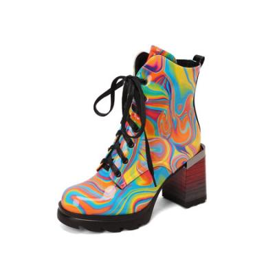 China Deodorization Fashion European and American style women's boots leather uppers plush inner lace design gradual print heel for sale
