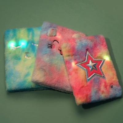 China Fashoion Logo Rainbow Tie Dyed Cute Gift A5 Customizable Hardcover Book Led Lights Inside Diary Plush Furry Notebook for sale