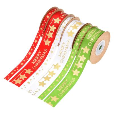 China Changxu Single Face Satin Ribbon (10 yards/roll) 10mm&25mm Star Printing Five-pointed Christmas Sustainable Ribbon High Quality for sale