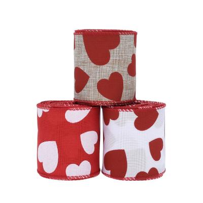 China Chnagxu Valentine's Day Polyester Ribbon Love Heart Viable Silk Red Pattern Cable Edge Band (5yards/roll) for Party Decoration for sale