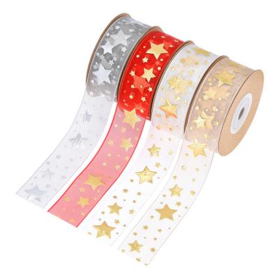 China Changxu Ribbon 25mm Width Gold Star Christmas Viable Hot Stamping Printing Organza Gift Packaging Diy Decorative Ribbons for sale