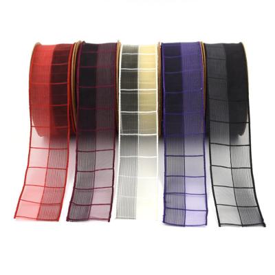 China Changxu Color Plaid Snow Gauze Organza Ribbon With Iron Yarn Viable Contrasting Edge (10m/roll) 38mm For Party Gift Wrapping for sale