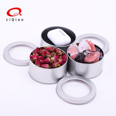 China Gift & Wholesale Customizable PVC Clear Window Jar Craft Factory Tea Silver Round Metal Can Cookie Package Luxury Printed Empty Tin Box for sale