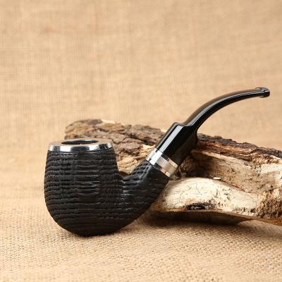 China Oak Wood Tobacco Pipe Sandblasted Double Silver Ring Smoking Pipe for sale