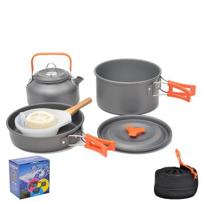 China Sustainable 2-3 person cookware set including cooker, saucepan, teapot and plastic bowls for hiking and camping for sale