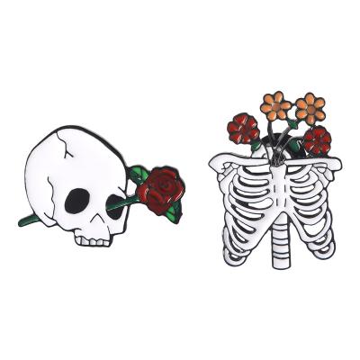 China Europe Love Rib Cage Rose Flower Death Skeleton Badge Enamel Lapel Pin Shirt Bag Collar Halloween Jewelry Gift For Friends for sale