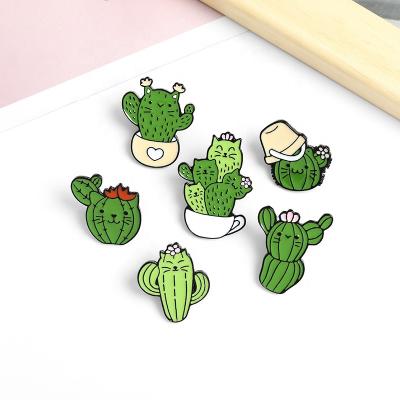 China Factory Badge Funny Animal Cactus Enamel Pin Kitten Face Cactus Coffee Brooches Europe Shirt Bag Lapel Custom for sale