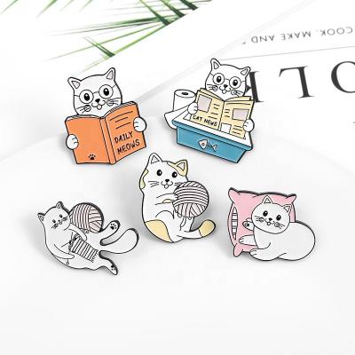 China Custom Europe Kitten Knitting Reading Playing Pillow Brooches Bag Cute Daily Lapel Animal Badge Enamel Pin for sale