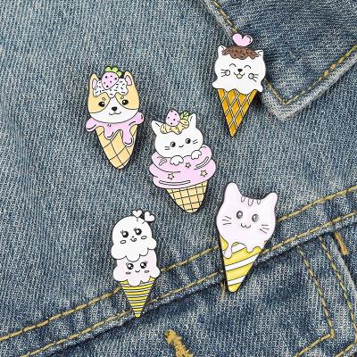 China Custom Ice Cream Pin Animal Badge Cute Jewelry Bag Lapel Kitten Puppy Cone Kawaii Dog Brooches Europe Enamel Pin for sale