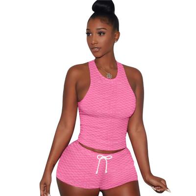 China New breathable jacquard bubble is simple summer casual two-piece shorts set two-piece pants set women clothing for sale