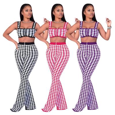 China QUICK DRY Printed Check Wire Bodycon Two Piece Set Women Sheer Slim Salon Two Piece Sets for sale