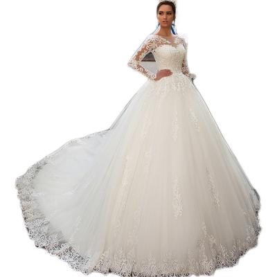 China 2021 Commercial Viable Round Collar Long Sleeve Lacewhite Wedding Dresses For Wedding Bridal Gowns Wedding Dress for sale