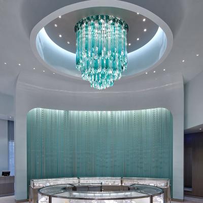 China Custom Modern Art Glass Drops Hotel Lobby Stainless Light Blue Transparent Luxury Led Chandeliers for sale