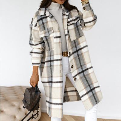 China New Style Lapel Korean Temperament Korean Plaid Border Pocket QUICK DRY Autumn Foreign Trade Coat Mid Length Jacket for sale