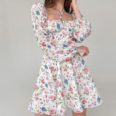 China New Style Commuter Breathable Floral Square Tie Neck Foreign Trade Autumn Long Sleeve Dress for sale