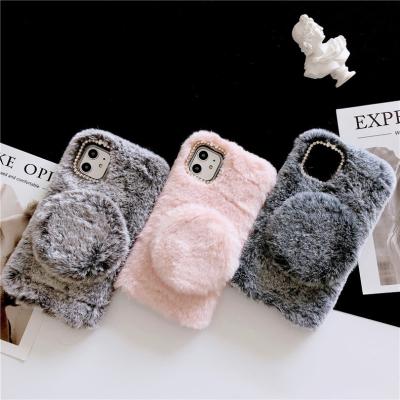 China Hot Selling Plush Series Shockproof Ladies Phone Cases Winter Plush Fashion Mobile Phone Protective Cases With Mirror for sale