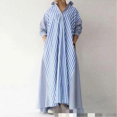 China Autumn New Casual Modern Wholesale Mid Length Shirt 2021 Above - Knee Fashion Color Casual Loose Stripe Contrast Stitching Women Dress for sale