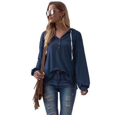 China Women's Casual Long Sleeve Anti-Wrinkle Loose T-shirt Solid Color V-Neck Button Pullover Hoodie for sale