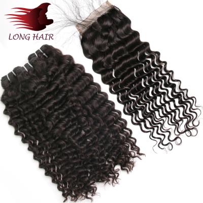 China Virgin Brazilian Remy Hair Extension Deep Wave Hair Weave 3 Bundles With Lace Frontal Closure for sale