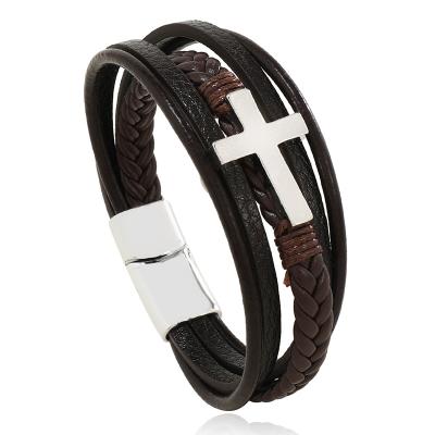 China EXQUISITE CASUAL/ SPORTY MAGNET BUCKLE ALLOY CROSS BRACELET FOR MEN MINIMALIST EXPLOSIVE WOVEN LEATHER BRACELET SPECIAL GIFT FOR FRIEND for sale