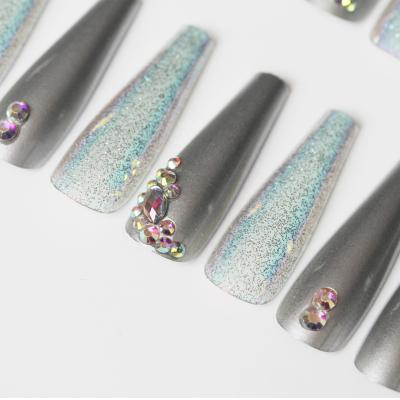 China Wholesale Design Fake Nails Press On Nails European American Charm Blue Frosted Artificial Character Fake Nails Coffin for sale