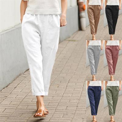 China Large Pocket Anti-Static Pure Color Comfortable Women Cotton And Linen Casual Pants Straight Trousers for sale