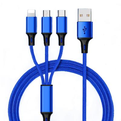 China For iPhone + Type C Phones + Micro-USB Phones Nylon Braided 3 in 1 USB Charging Cable For iPhone/Xiaomi/Huawei/Oppo/Samsung for sale