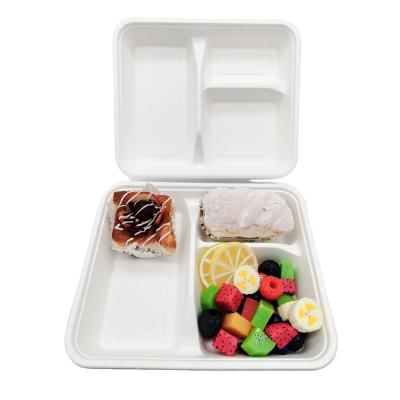 China Eco - Friendly Disposable Food Tray With Compostable 3 Compartment Bagasse Disposable Dish White for sale