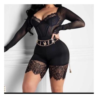 China Fashion new long sleeve lace zippers jumpsuit solid color patchwork sexy casual QUICK DRY lace short rompers for sale