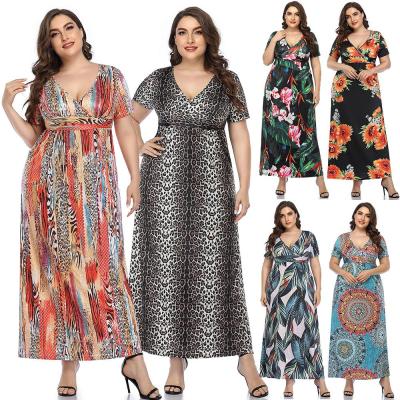 China 2021 summer new style print V-neck breathable plus size fashionable dress gather floral women's long waist temperament skirt for sale