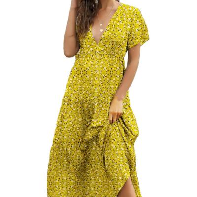 China 2021 Fashion Anti-Static Design Women's Bohemian Ruffle With Floral V-Neckline Dress for sale