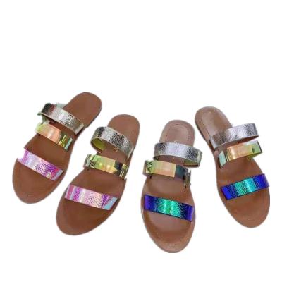 China 2021 summer foreign trade shiny natural fresh flat yards slippers one word procrastinate rainbow beach slippers large yards shoes for sale