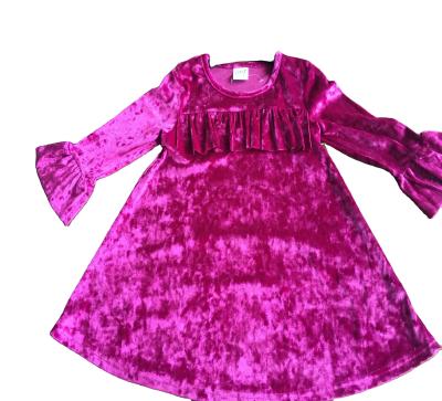 China Anti-static hot sale girl's elegant dress with flare sleeves in crushed velvet fabric ruffles on the front chest smooth touch and anti-wrinkle for sale