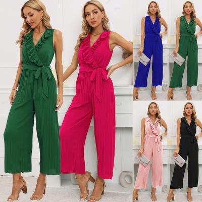 China New Style Fashion V Neckline Designs QUICK DRY Sleeveless Jumpsuit Polyester Chiffon Pleated Pleated Maxi Long Pants For Ladies for sale