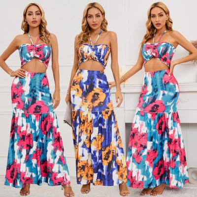 China 2023 QUICK DRY Beach Vacation Seaside Wear Print Halter Top And Fishtails To Trim Bohemian Sleeveless Sexy Dress 2 Piece Set Beach Outfit For Women for sale