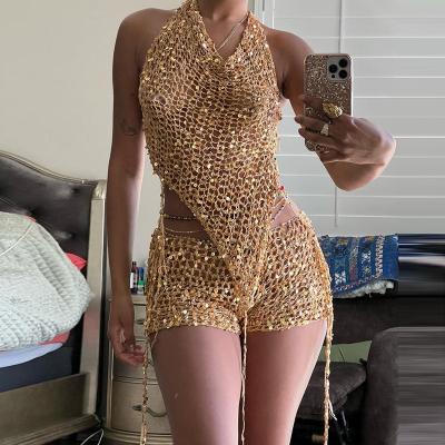 China Summer QUICK DRY Hood Knit Short 2023 2 Pieces Fit Sequin Gold Women Two Piece Short Set for sale