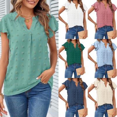 China 2023 Summer Women's Anti-Wrinkle Short Blouse Dot Flowy Shirt Swiss V-Neck Ruffle Sleeve Tunic Top for sale