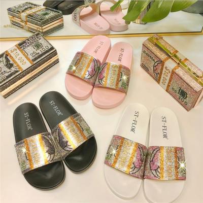 China 2022 European and American design rhinestone dollar fashion breathable summer slippers for women's external use for sale