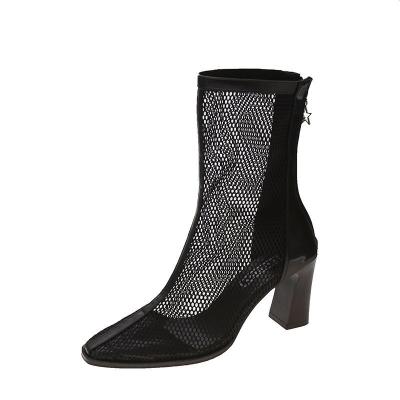 China Waterproof All-match Back Zipper Heel Head Face Mesh Personality Trend Waterproof Non-slip Ankle Boots Thick Square Round Design for sale